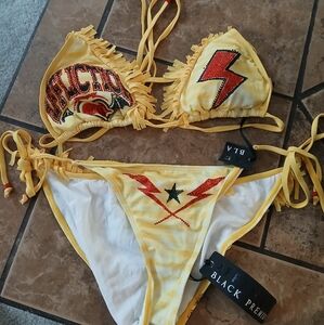 Affliction Yellow and Red Bikini Set with Bold Design